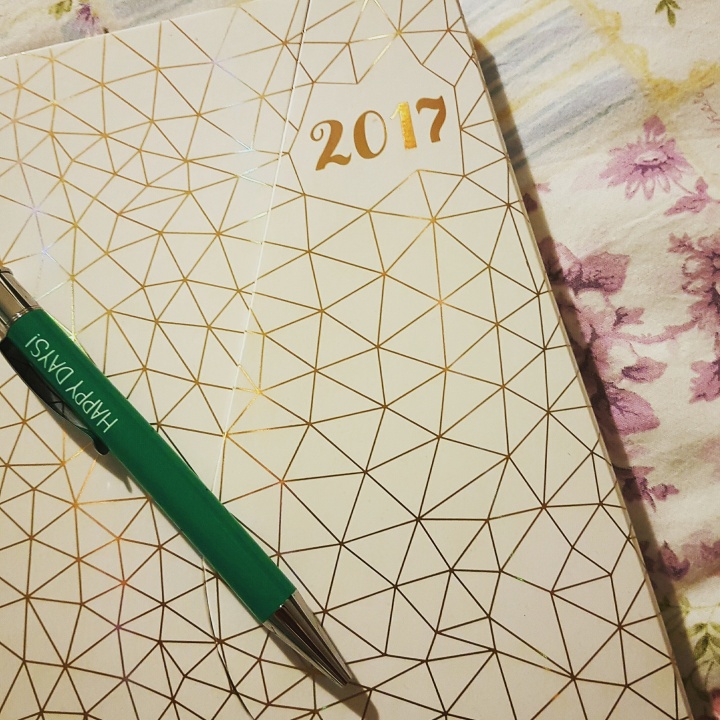 diary and pen on patterned background