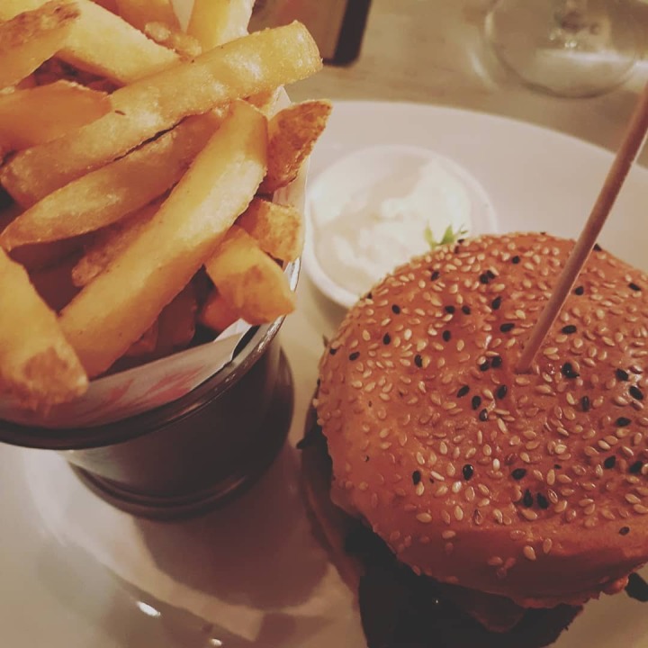 close up of burger and fries